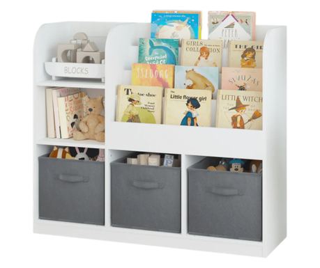 GINGER HOME Organizator pentru copii cu rafturi pentru jucării și cărți, 3 cutii din material textil, Alb, 92x30x80 cm, Montesso