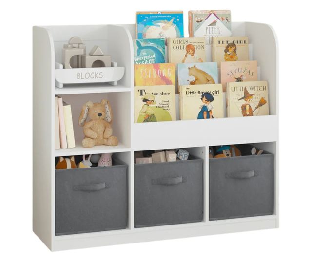 GINGER HOME Organizer dla dzieci z półkami na zabawki i książki, 3 pojemniki z tkaniny, biały, 92x30x80 cm, Montessori