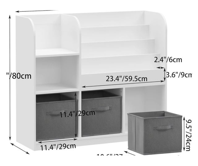 GINGER HOME Organizer dla dzieci z półkami na zabawki i książki, 3 pojemniki z tkaniny, biały, 92x30x80 cm, Montessori
