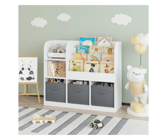 GINGER HOME Organizer dla dzieci z półkami na zabawki i książki, 3 pojemniki z tkaniny, biały, 92x30x80 cm, Montessori