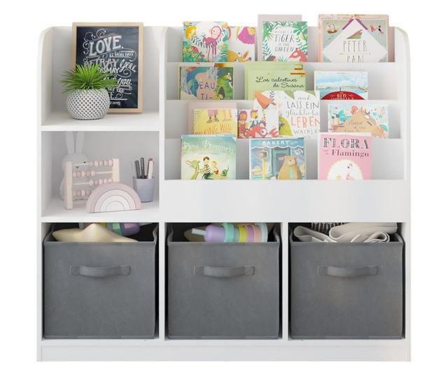 GINGER HOME Organizer dla dzieci z półkami na zabawki i książki, 3 pojemniki z tkaniny, biały, 92x30x80 cm, Montessori