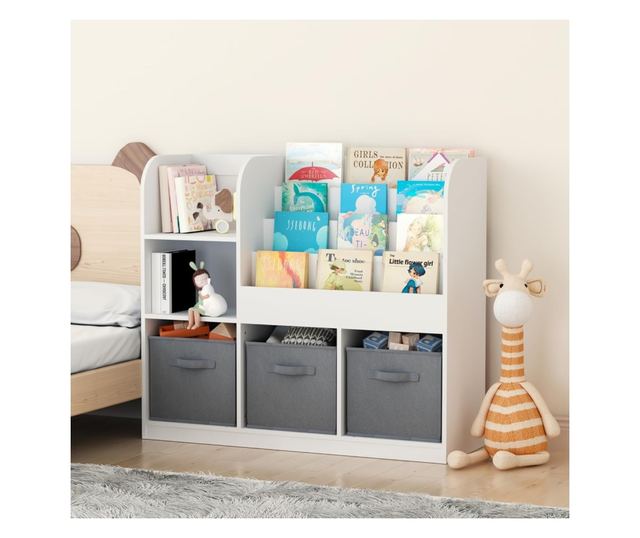 GINGER HOME Organizer dla dzieci z półkami na zabawki i książki, 3 pojemniki z tkaniny, biały, 92x30x80 cm, Montessori