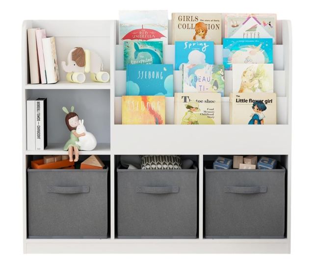 GINGER HOME Organizer dla dzieci z półkami na zabawki i książki, 3 pojemniki z tkaniny, biały, 92x30x80 cm, Montessori