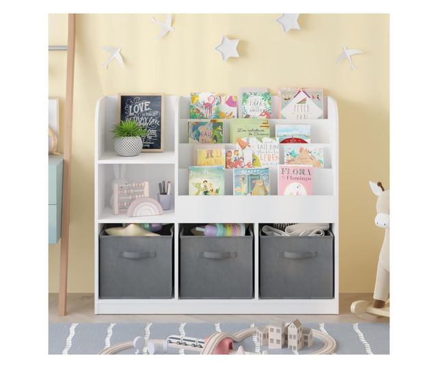 GINGER HOME Organizer dla dzieci z półkami na zabawki i książki, 3 pojemniki z tkaniny, biały, 92x30x80 cm, Montessori