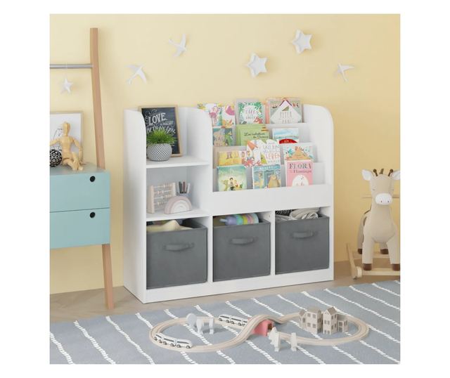 GINGER HOME Organizer dla dzieci z półkami na zabawki i książki, 3 pojemniki z tkaniny, biały, 92x30x80 cm, Montessori