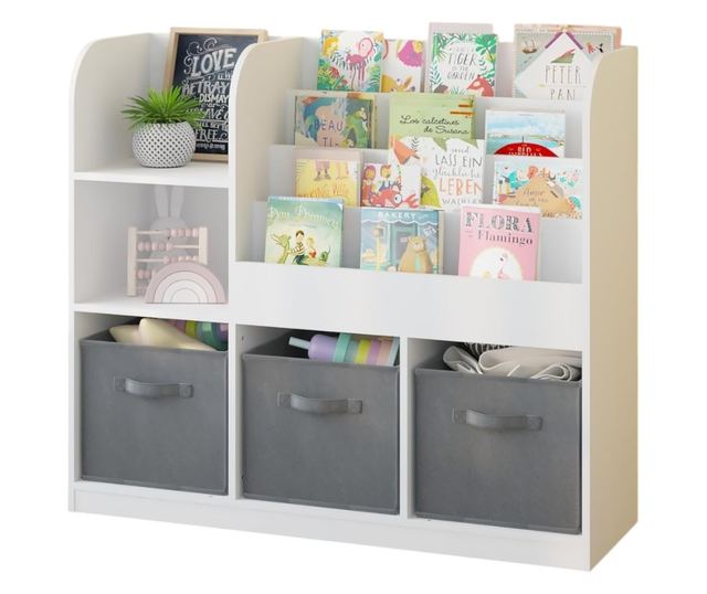 GINGER HOME Organizer dla dzieci z półkami na zabawki i książki, 3 pojemniki z tkaniny, biały, 92x30x80 cm, Montessori