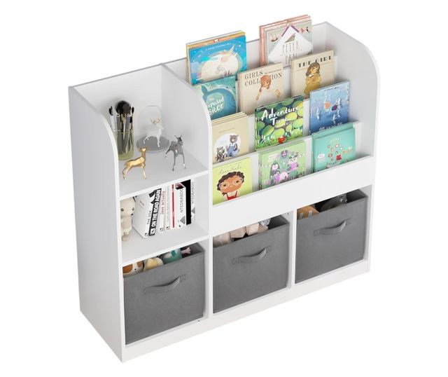 GINGER HOME Organizer dla dzieci z półkami na zabawki i książki, 3 pojemniki z tkaniny, biały, 92x30x80 cm, Montessori
