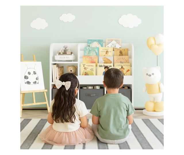 GINGER HOME Organizer dla dzieci z półkami na zabawki i książki, 3 pojemniki z tkaniny, biały, 92x30x80 cm, Montessori