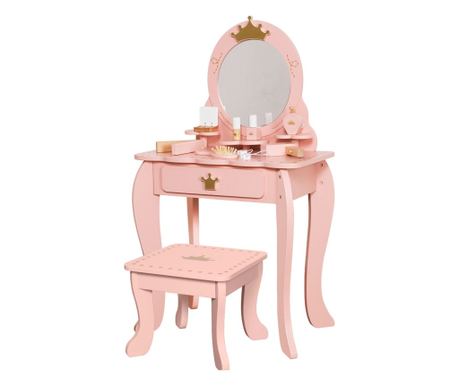 GINGER HOME Dětský růžový dřevěný toaletní stolek pro princezny se zrcadlem a příslušenstvím