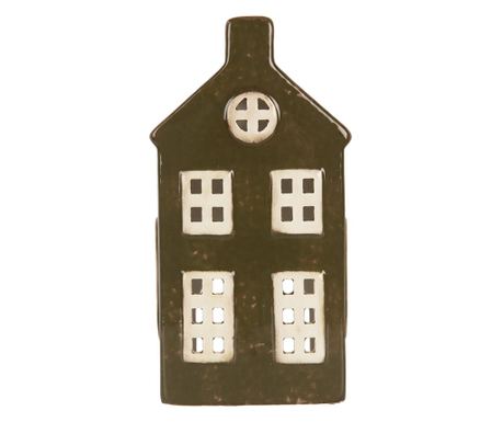 Christmas House Candle Holder, Ceramic, Green and Cream, 8x6x16 cm