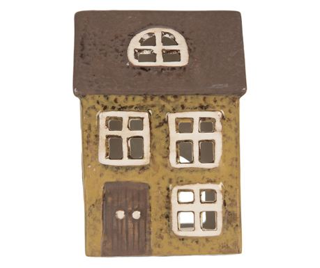 Christmas House Candle Holder, Ceramic, Green/Cream/Brown, 10x7x14 cm