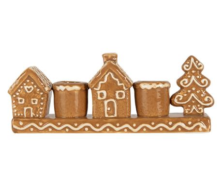 Christmas Houses Candle Holder, White and Brown Ceramic, 21x4x8 cm
