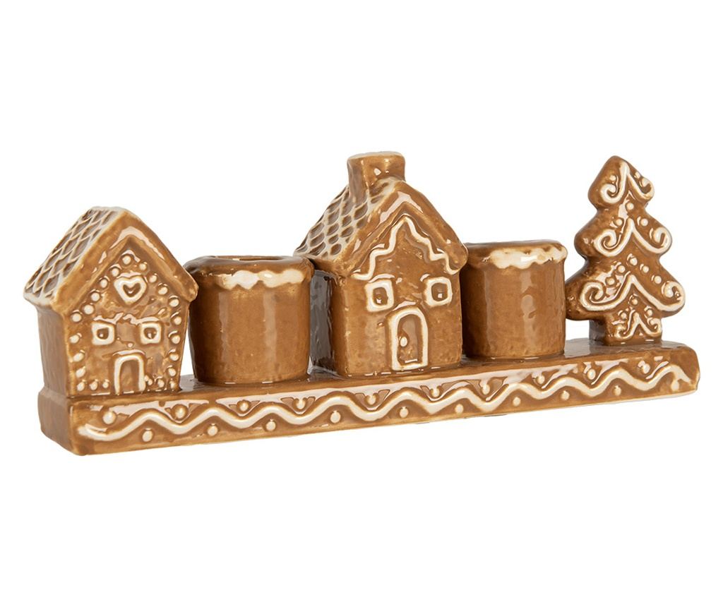 Christmas Houses Candle Holder, White and Brown Ceramic, 21x4x8 cm - 3