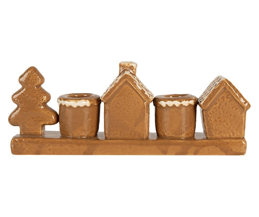 Christmas Houses Candle Holder, White and Brown Ceramic, 21x4x8 cm - 5