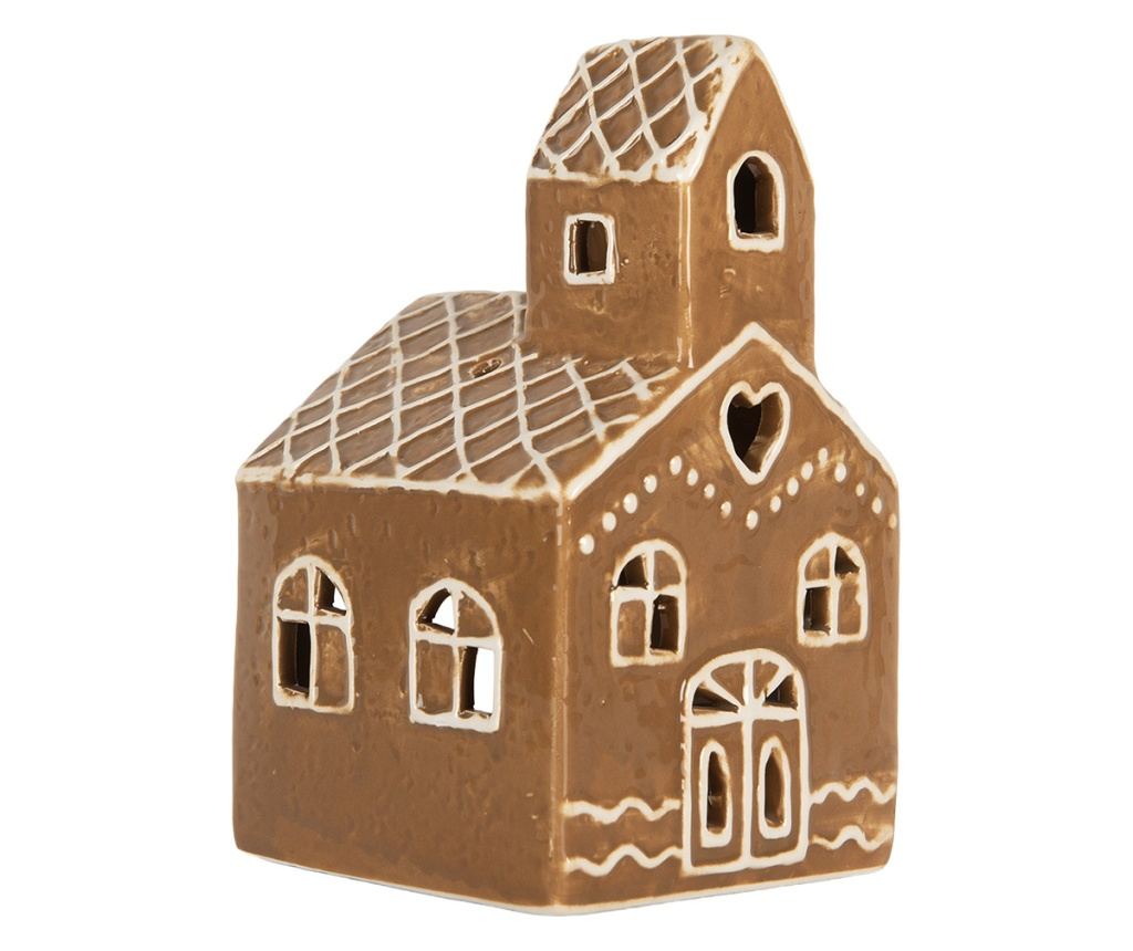 Christmas House Candle Holder, White and Brown Ceramic, 10x10x16 cm - 3