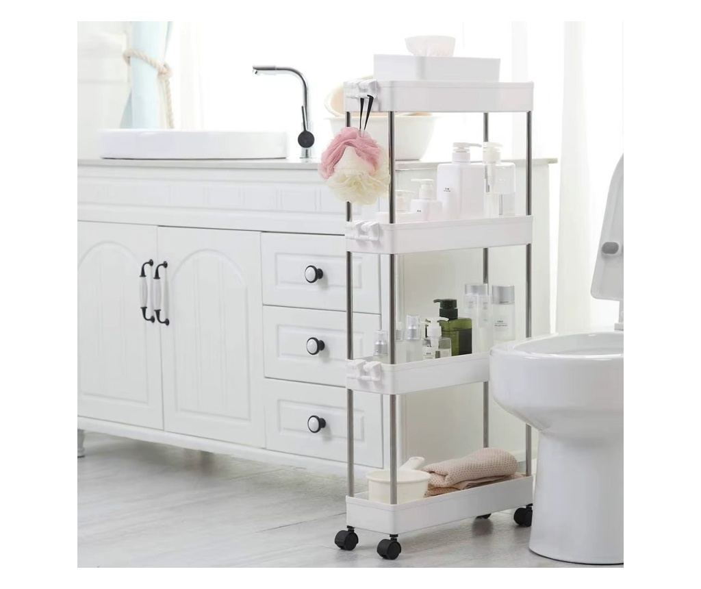 Etajera mobila pentru baie cu roti, 4 rafturi si 6 carlige, alb, 85x38x12cm - 2