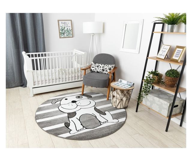Sivi okrugli tepih s uzorkom psića, promjera 120 cm