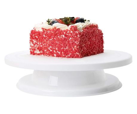 Platou decorativ rotativ Pufo Cake pentru prezentare si decorare tort, 28 cm, alb