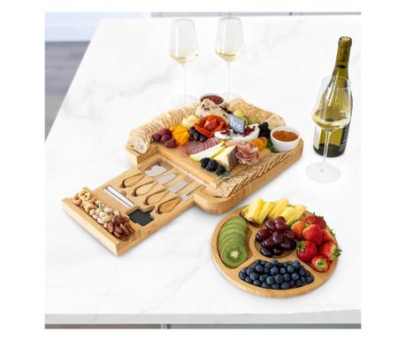 Set servire aperitive și brânzeturi, AB Luxury Concept®, 15 piese, platou servire cu sertar ascuns și tava de fructe compartimen