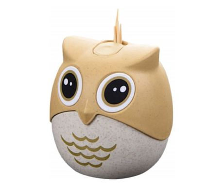 Suport amuzant pentru scobitori, Pufo Happy Owly, 8 cm- design simpatic de bufnita pentru masa vesela si practica