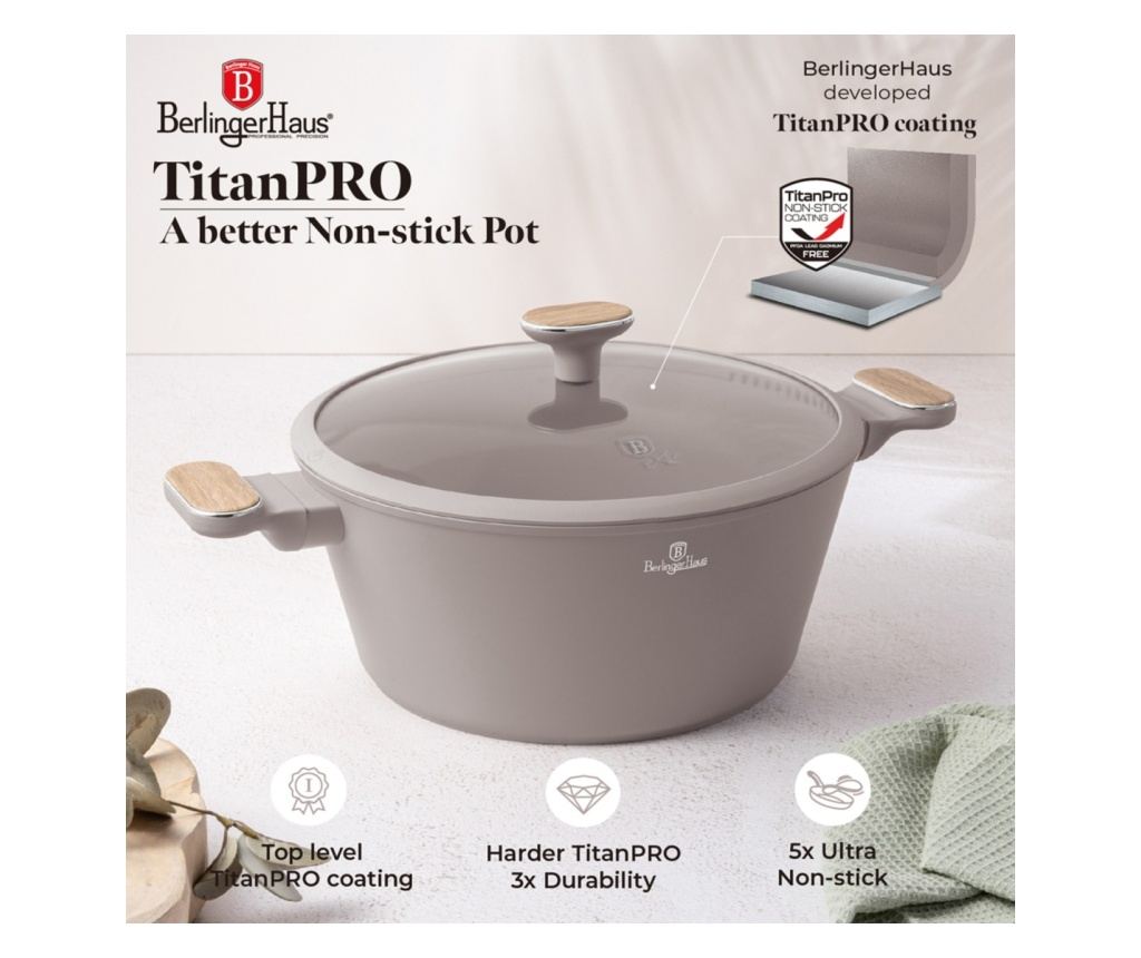 Комплект тенджери и тигани Berlinger Haus BH 8344, 15 части, цвят Nordic Taupe, сив, незалепващ, подходящ за индукция - 6
