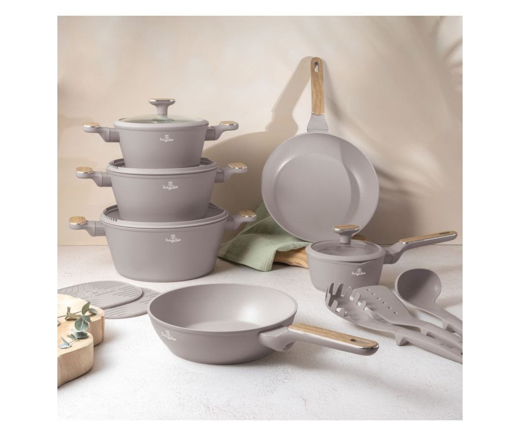 Комплект тенджери и тигани Berlinger Haus BH 8344, 15 части, цвят Nordic Taupe, сив, незалепващ, подходящ за индукция - 9
