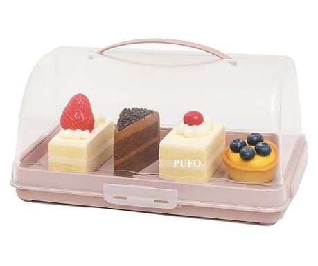Platou Pufo Cookies cu capac transparent pentru servire torturi, prajituri, briose, produse de patiserie, 35 cm, roz