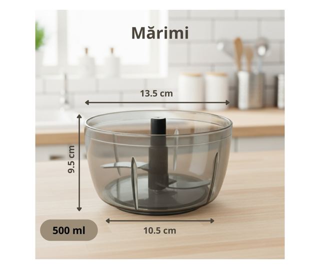 Tocator manual multifunctional Koken 500 ml, 3 lame ascutite din inox, mecanic cu sfoara, perfect pentru legume/fructe/sosuri, c