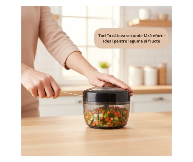 Tocator manual multifunctional Koken 500 ml, 3 lame ascutite din inox, mecanic cu sfoara, perfect pentru legume/fructe/sosuri, c