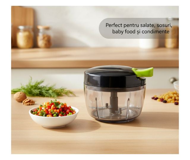 Tocator manual multifunctional Koken 500 ml, 3 lame ascutite din inox, mecanic cu sfoara, perfect pentru legume/fructe/sosuri, c