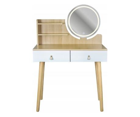 Toaletna mizica Scandi 4, okroglo LED ogledalo 40 cm, 3 vrste svetlobe (hladna, topla, naravna), 125x80x40 cm, MDF + borov les,