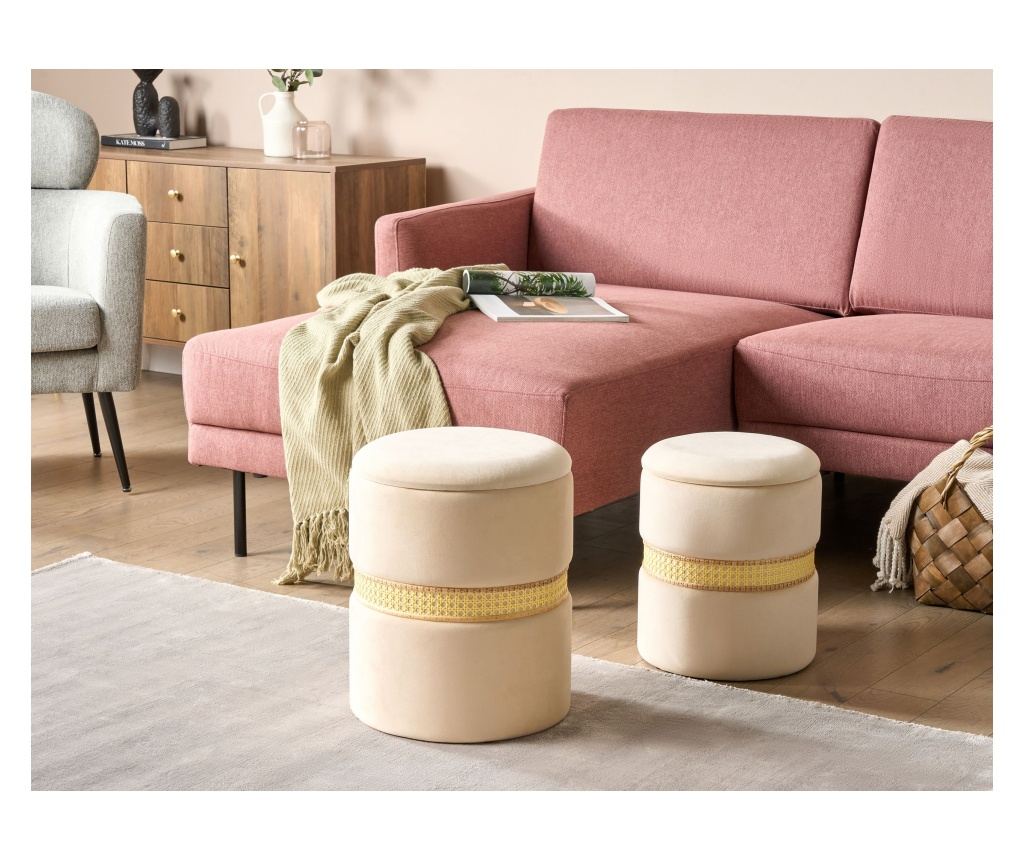 Kétdarabos tárolós puff szett MEDFORD Bársony Világosbézs - 1