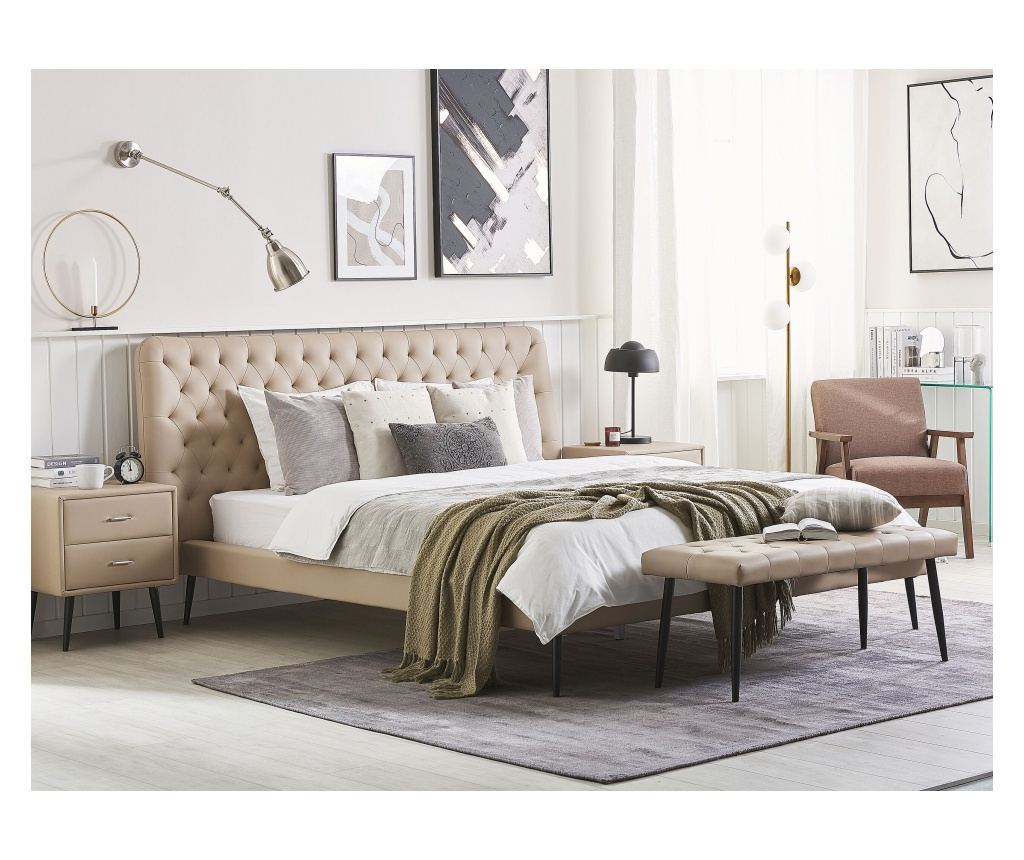 Ágy Műbőr ESSONNE 160 x 200 cm Bézs - 1