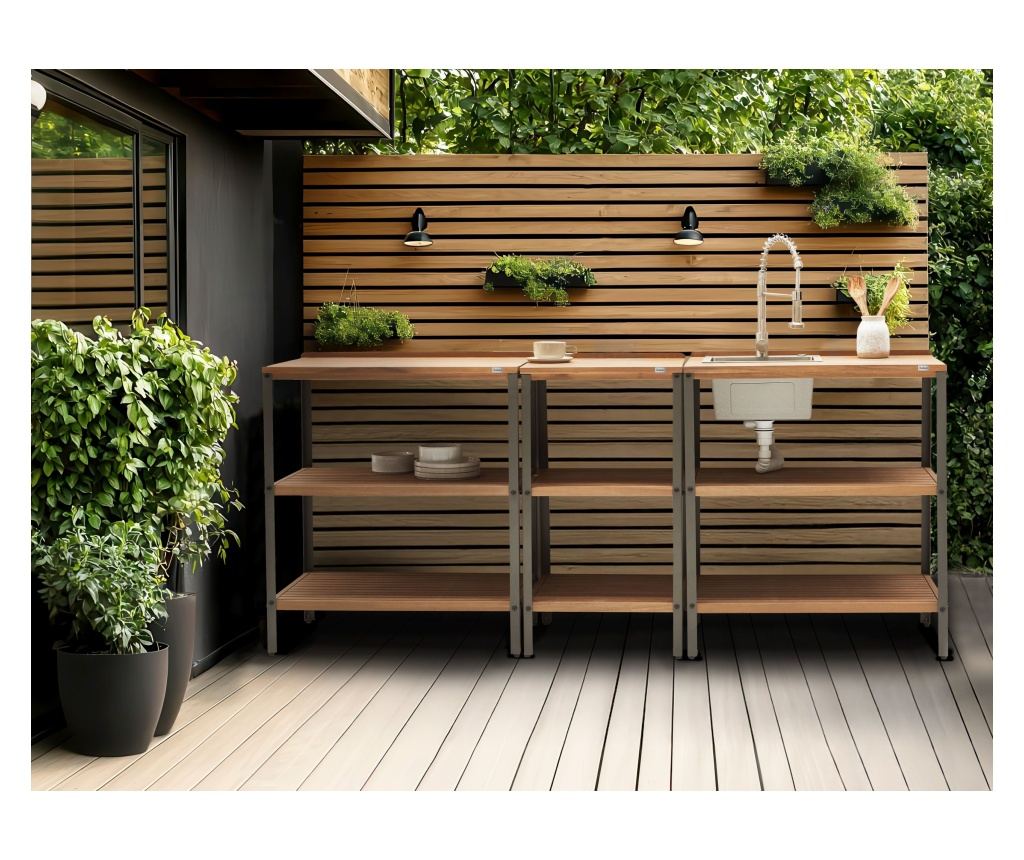 Kültéri konyhasziget mosogatóval IVREA Tanúsított akácfa Barna/ezüst - 1