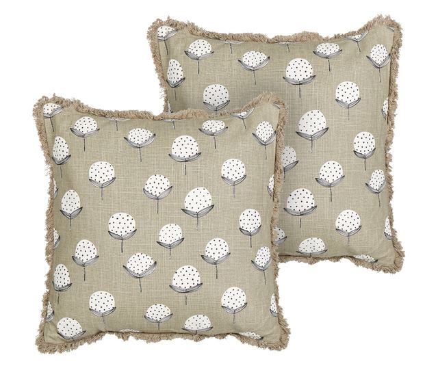 PSILOTALES Set of 2 Beige Floral Print Cotton Decorative Pillows 45 x 45 cm