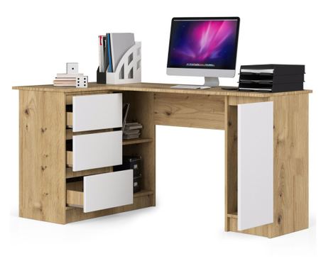 Leva Kotna Pisalna Miza s 3 Predali in Policami, 155x85x77 cm, Artisan Oak in Bela