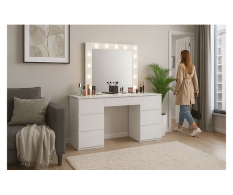 Bijeli toaletni stolić za šminkanje s LED ogledalom i 7 ladica, 132x43x152 cm