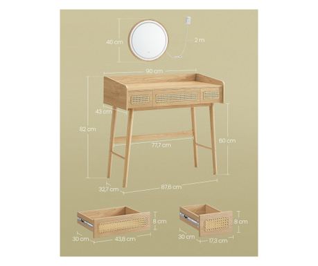 SONGMICS Toaletni stolić s LED osvijetljenim ogledalom, 3 ladice izgleda ratana, Boho stil, MDF i drvo, 88x43x82 cm, bež