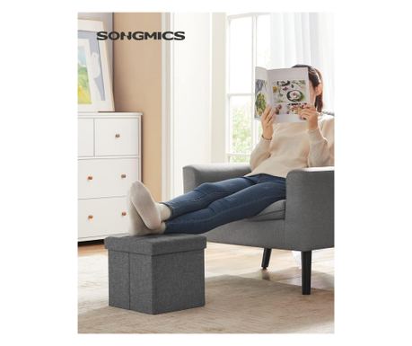 SONGMICS Skládací taburet s úložným prostorem, 30x30x30 cm, čalouněné víko, MDF a vzhled lnu, šedá