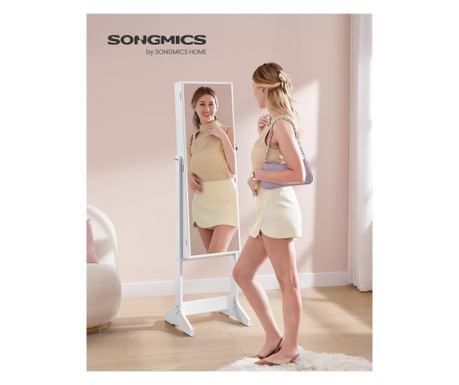 SONGMICS Álló tükör állvánnyal, MDF, tárolóhellyel, 41x37x152 cm, fehér