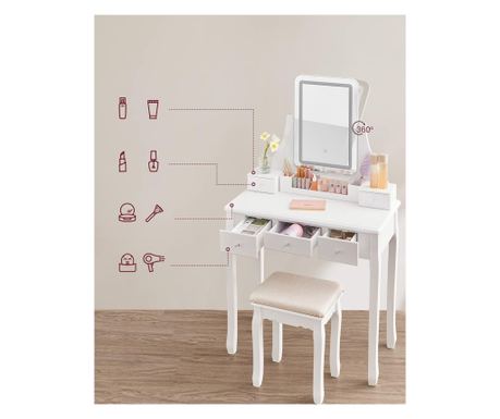 VASAGLE Toaletni stolić s ogledalom koje se rotira 360°, podesiva LED rasvjeta, 80x40x138 cm, bijeli