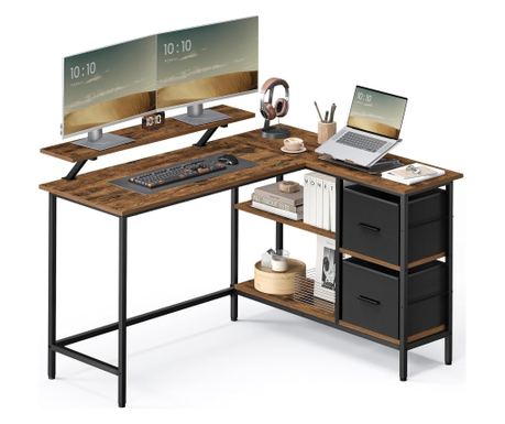 VASAGLE L-oblika pisalna miza s stojalom za monitor, 2 policama in 2 predaloma, 105x135x76 cm, rustikalno rjava