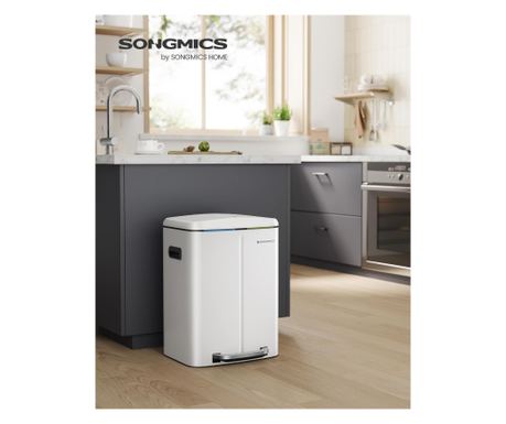 SONGMICS Rozsdamentes Acél Szemetes 2 Belső Vödörrel, Szelektív Gyűjtés, 2 x 20 Liter, Fehér