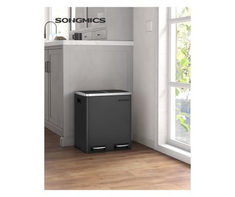 SONGMICS Cos de gunoi din inox cu 2 compartimente colectare selectiva, cu galeti interioare, 2x15litri, negru