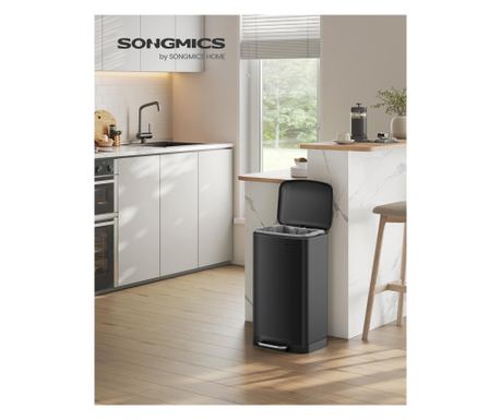 SONGMICS Cos de gunoi din otel, cu pedala si soft-close, galeata interioara, 30 litri, negru