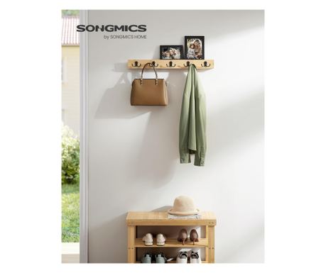 SONGMICS stensko obešalo za plašče, 5 dvojnih kavljev, naravno rjava, 70 cm