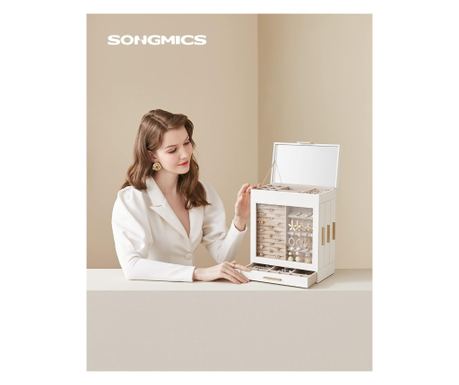 Кутия за бижута SONGMICS с 3 странични чекмеджета, прозорец и голямо огледало, 16x26x32 см, бяла