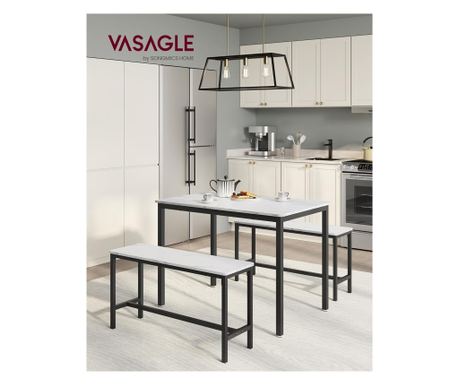 VASAGLE Barski stol s 2 klupe, industrijski dizajn, 110x70x75 cm, mramorno bijeli