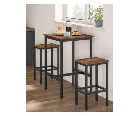 VASAGLE Barski Stol i Set Stolica, Stol 60x60x90cm i 2 Stolice 30x40x65cm, Industrijski Stil, Rustikalno Smeđa