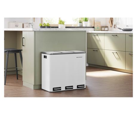 SONGMICS Cos de gunoi din inox cu 3 compartimente colectare selectiva, cu galeti interioare, 3x18litri, 62x32x56cm, alb